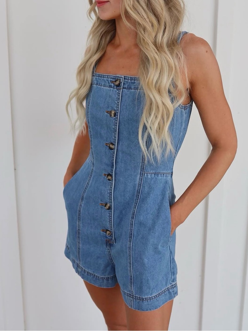 Classic Blue Denim Romper with Front Buttons